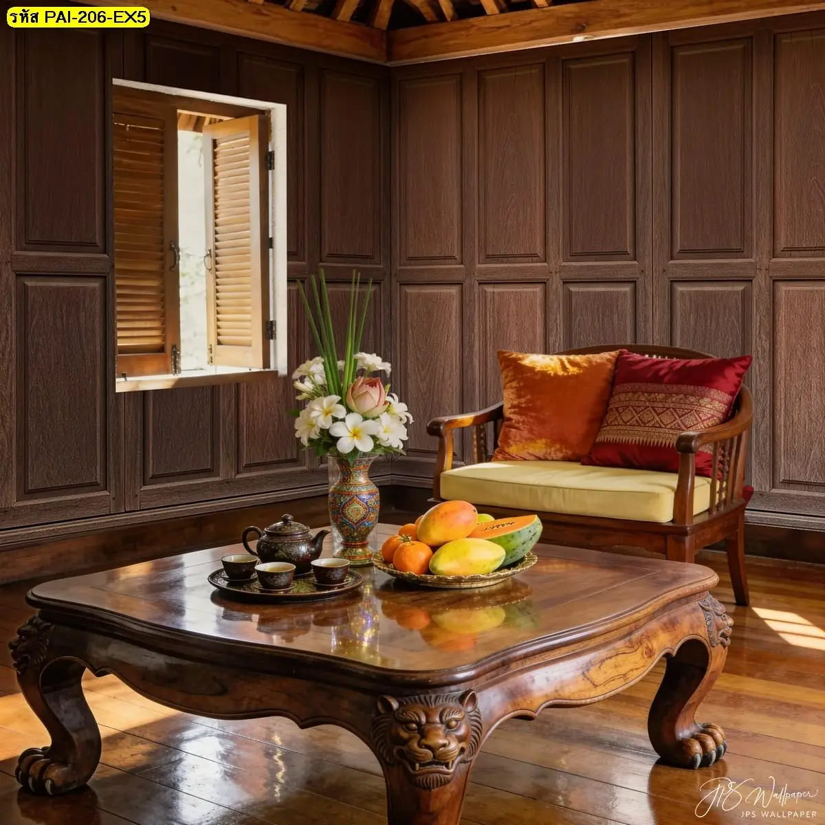 วอลเปเปอร์ลายไม้เข้มสั่งพิมพ์ ภาพติดผนังช่วยสร้างมุมพักผ่อนอบอุ่นสไตล์ไทยร่วมสมัย