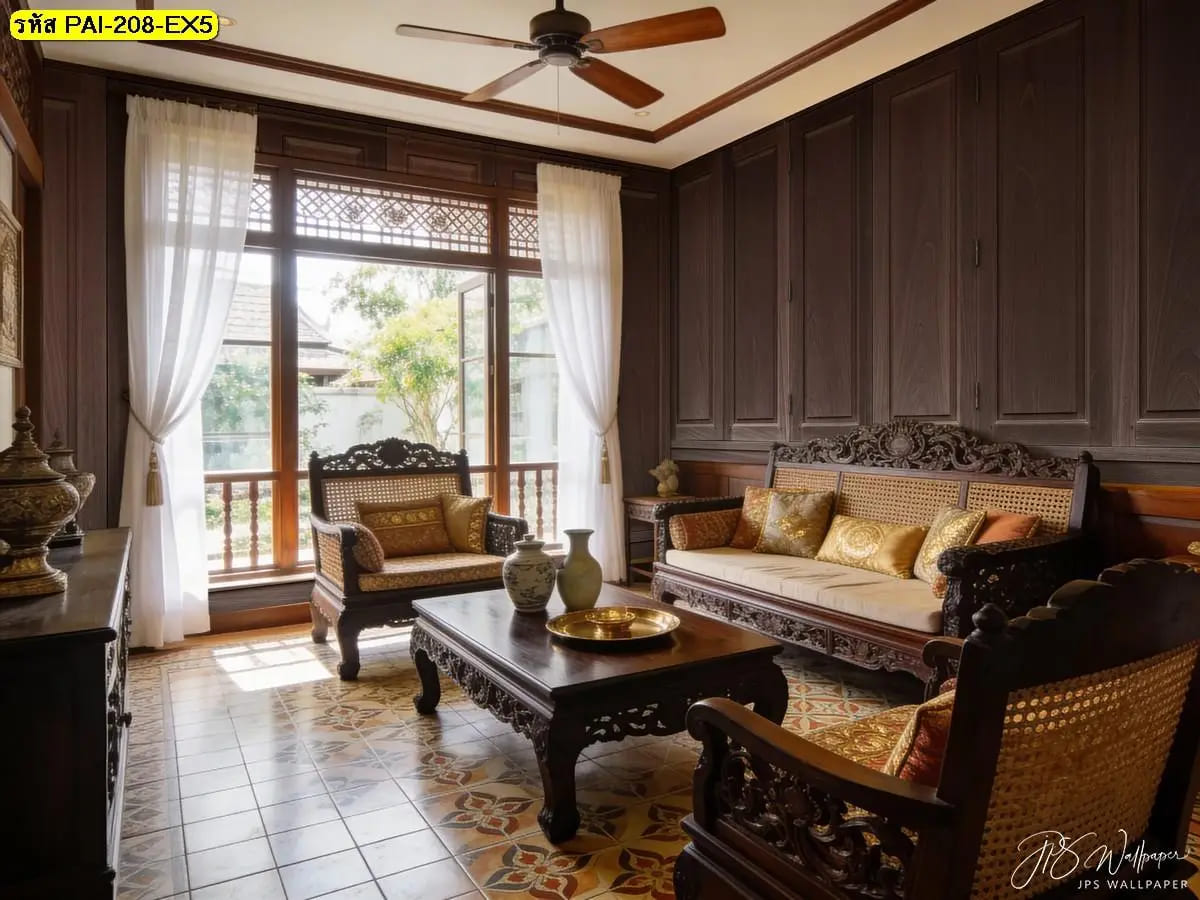 วอลเปเปอร์ลายไม้เข้มสั่งพิมพ์ ภาพแต่งห้องนั่งเล่นช่วยเพิ่มความหรูและบรรยากาศอบอุ่น