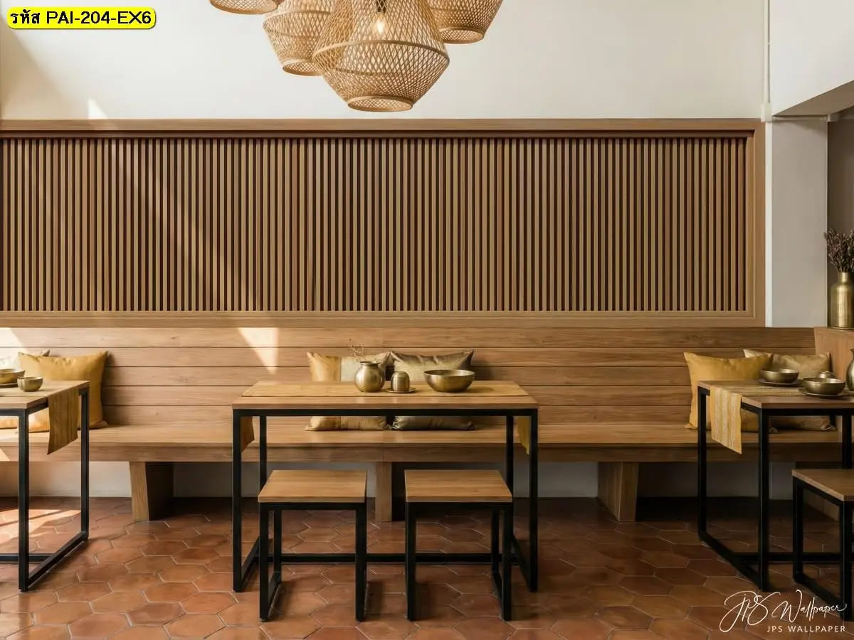 วอลเปเปอร์ลายไม้ระแนงสั่งพิมพ์ ภาพแต่งร้านอาหารช่วยสร้างบรรยากาศอบอุ่นสไตล์มินิมอล
