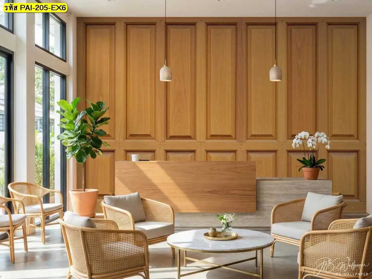 วอลเปเปอร์ลายไม้สั่งพิมพ์ ภาพแต่งล็อบบี้ช่วยสร้างบรรยากาศโปร่งสบายและดูเป็นธรรมชาติ