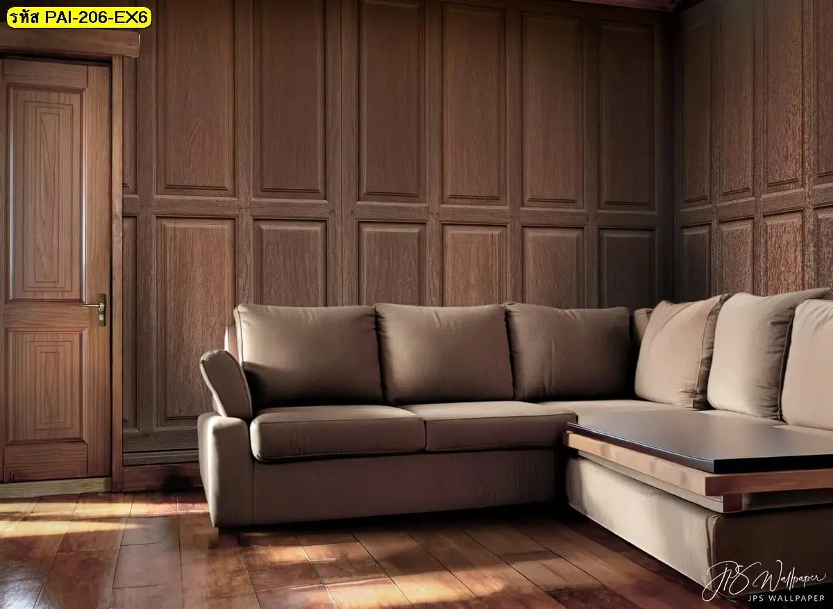 วอลเปเปอร์ลายไม้เข้มสั่งพิมพ์ ภาพแต่งห้องนั่งเล่นช่วยเพิ่มความลึกและบรรยากาศอบอุ่น