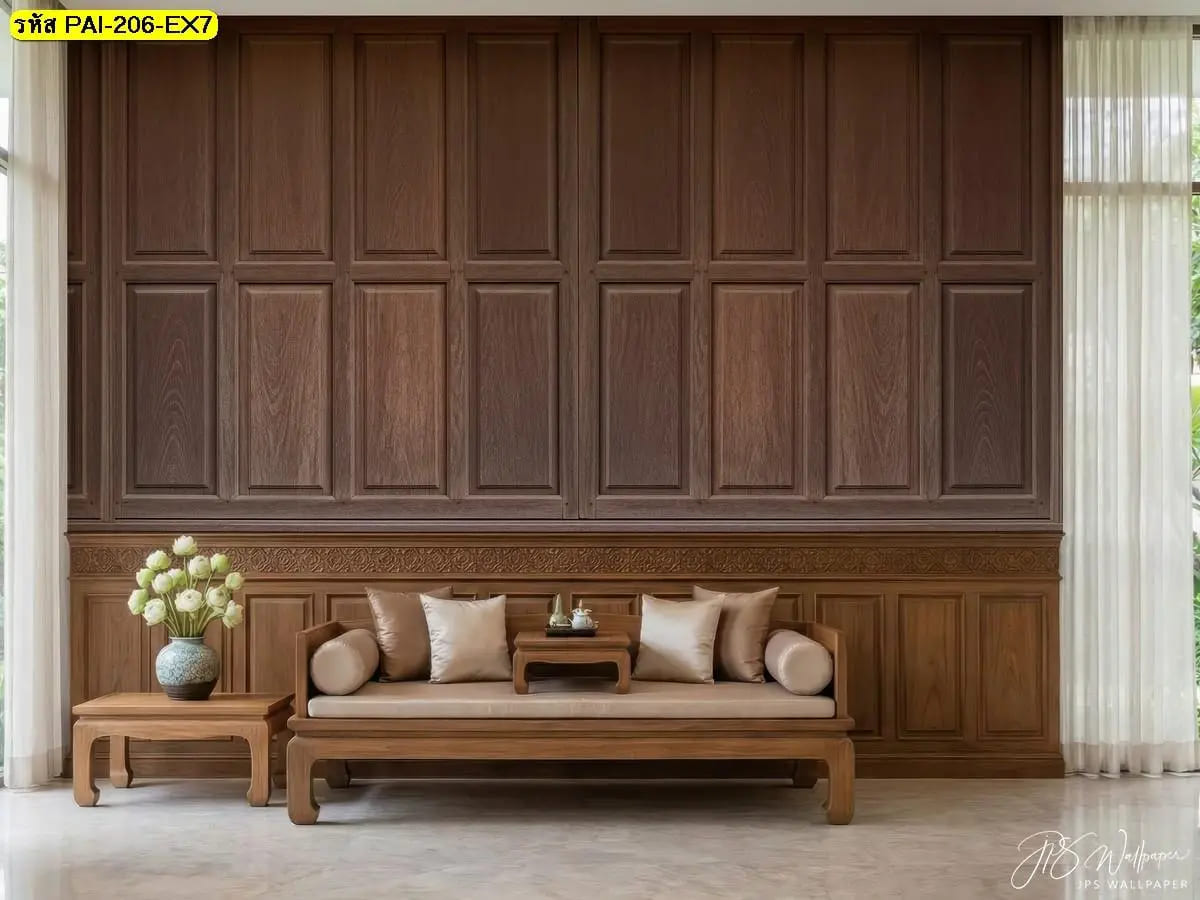 วอลเปเปอร์ลายไม้สั่งพิมพ์ ภาพแต่งห้องนั่งเล่นช่วยสร้างบรรยากาศเรียบหรูและอบอุ่นทันสมัย