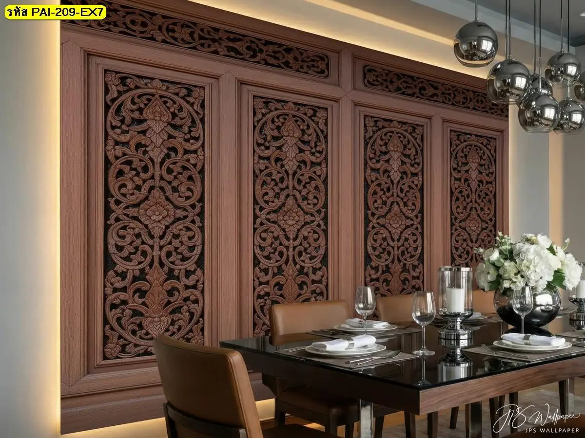 วอลเปเปอร์ลายไทยแกะสลักสั่งพิมพ์ ภาพแต่งห้องอาหารช่วยยกระดับความหรูหราแบบร่วมสมัย