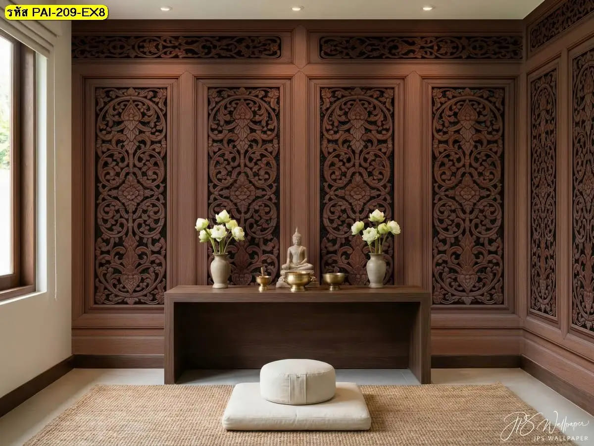 ภาพสั่งพิมพ์ วอลเปเปอร์สั่งพิมพ์ลายไทยแกะลึก ติดผนังสร้างมุมสงบ สื่อสมาธิ ห้องโทนอบอุ่นหรู
