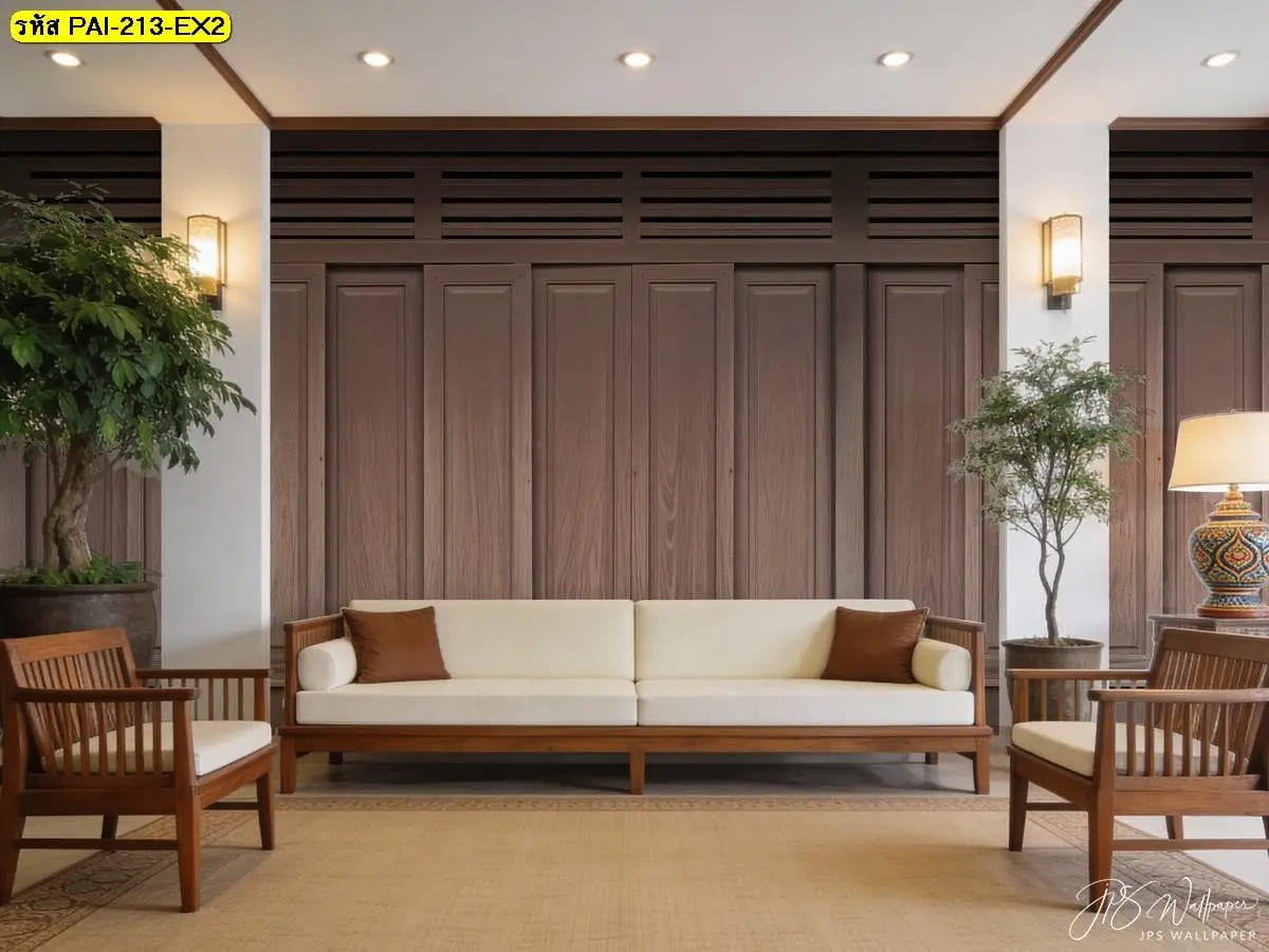 ภาพสั่งพิมพ์ลายผนังไม้แนวไทยร่วมสมัย ติดผนังเพิ่มมิติ โปร่งสบาย เหมาะแต่งห้องนั่งเล่น