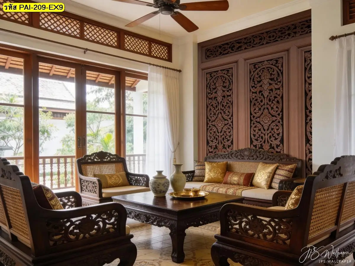 วอลเปเปอร์สั่งพิมพ์ลายไทยแกะลึก ภาพแต่งห้องหรูอบอุ่น เพิ่มเสน่ห์ศิลปะไทยในพื้นที่นั่งเล่น