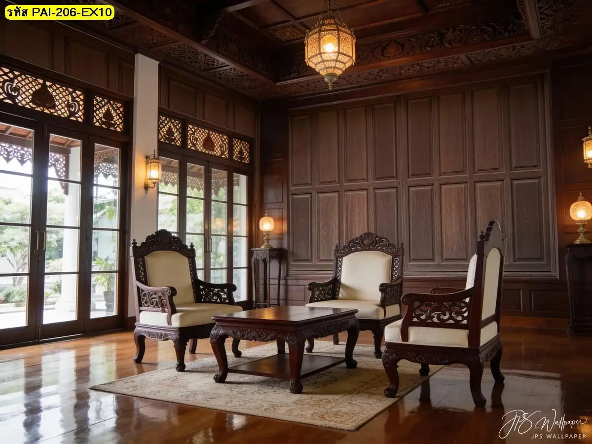 ภาพสั่งพิมพ์ลายผนังไม้เต็มพื้นที่ วอลเปเปอร์สั่งพิมพ์เพิ่มความหรู ห้องรับแขกดูโปร่งและมีมิติ