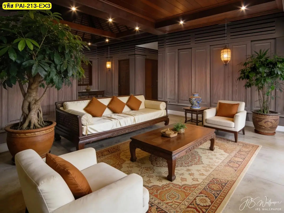 ภาพสั่งพิมพ์ วอลเปเปอร์สั่งพิมพ์ลายผนังไม้ไทยร่วมสมัย ติดผนังเพิ่มความอบอุ่น หรูสงบ