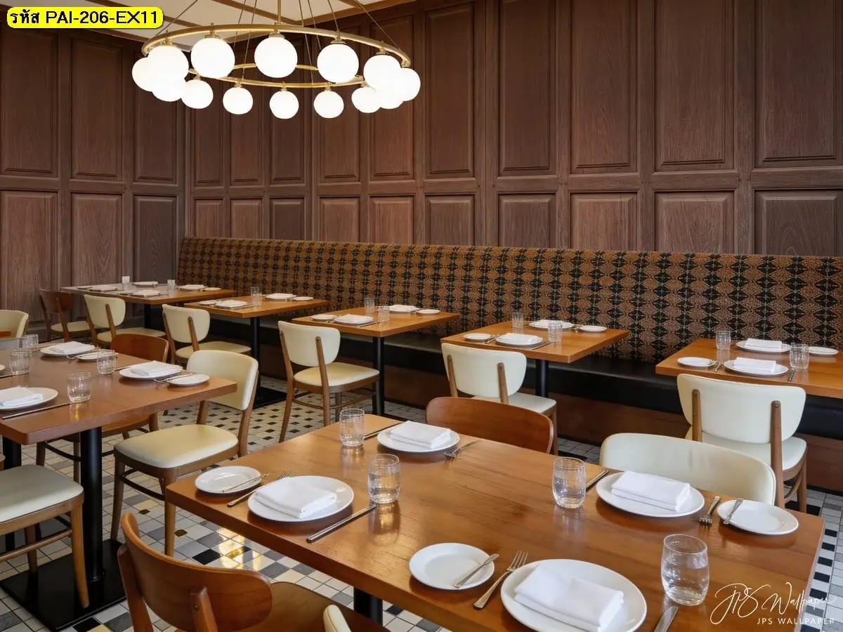 วอลเปเปอร์สั่งพิมพ์ลายไม้เรียงกริด ภาพแต่งห้องร้านอาหาร เพิ่มความเป็นระเบียบและอบอุ่น