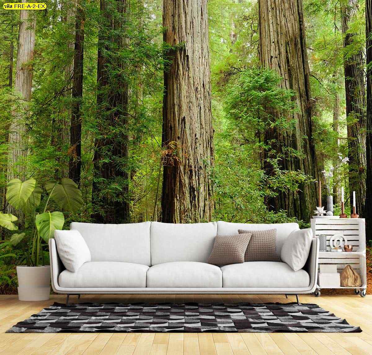 วอลเปเปอร์ป่าไม้ขนาดใหญ่ เพิ่มความรู้สึกใกล้ชิดธรรมชาติให้ห้องนั่งเล่นดูสบายและผ่อนคลาย