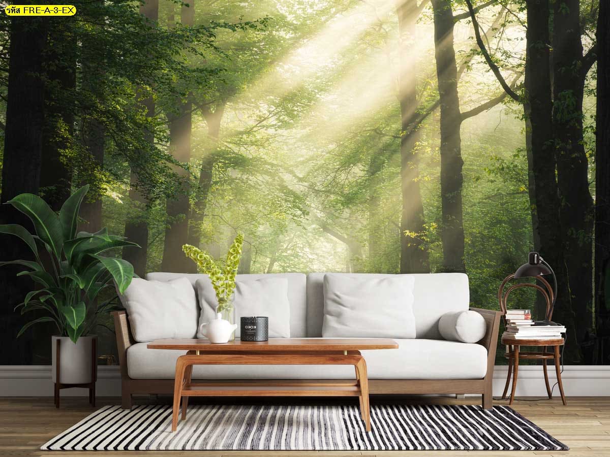 วอลเปเปอร์แสงแดดในป่า เพิ่มมิติแสงเงาให้ผนัง สร้างบรรยากาศอบอุ่นและนุ่มนวลในห้องนั่งเล่น