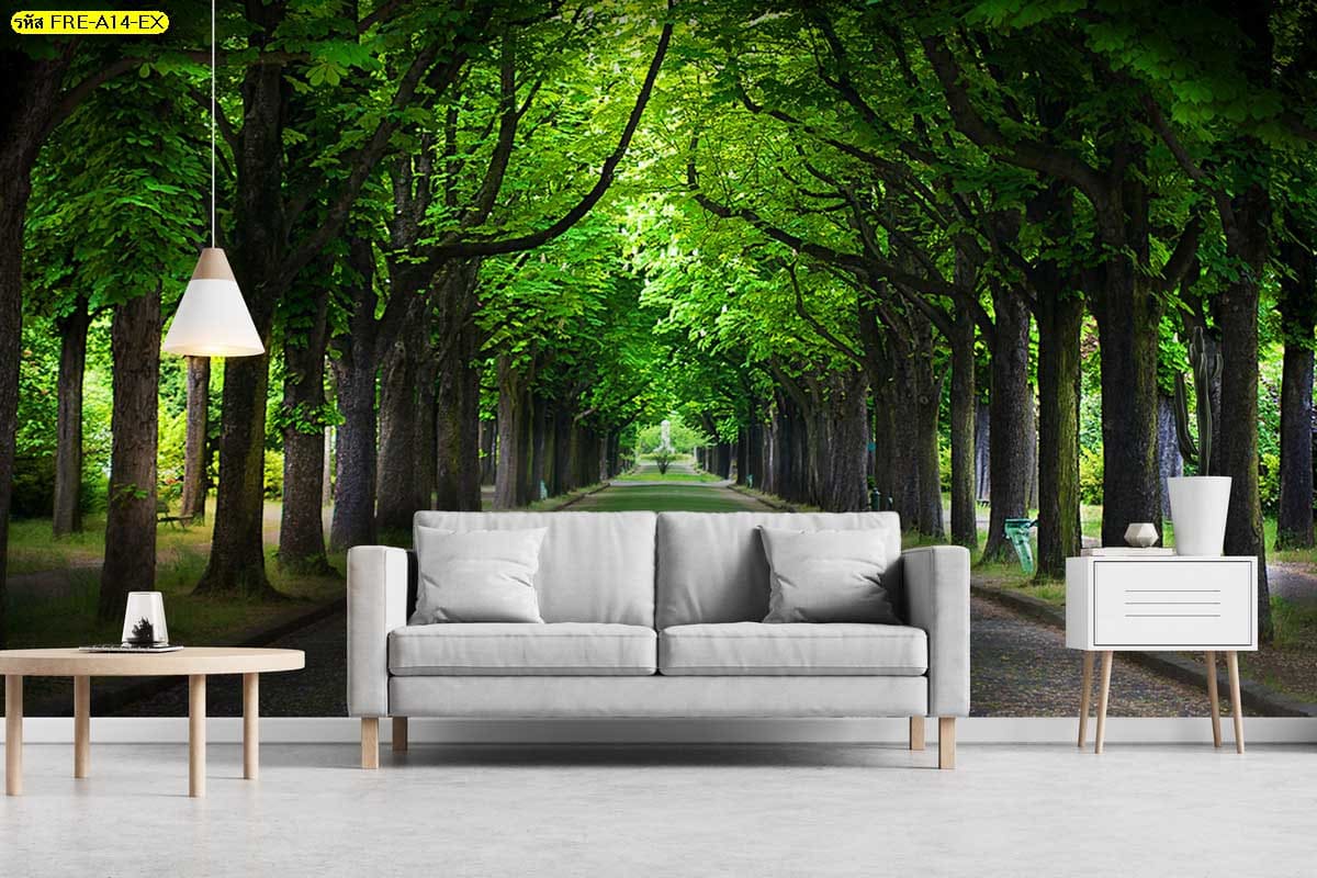 วอลเปเปอร์อุโมงค์ต้นไม้สีเขียว สร้างเส้นนำสายตาให้ห้องดูลึก โปร่ง และมีมิติแบบธรรมชาติ
