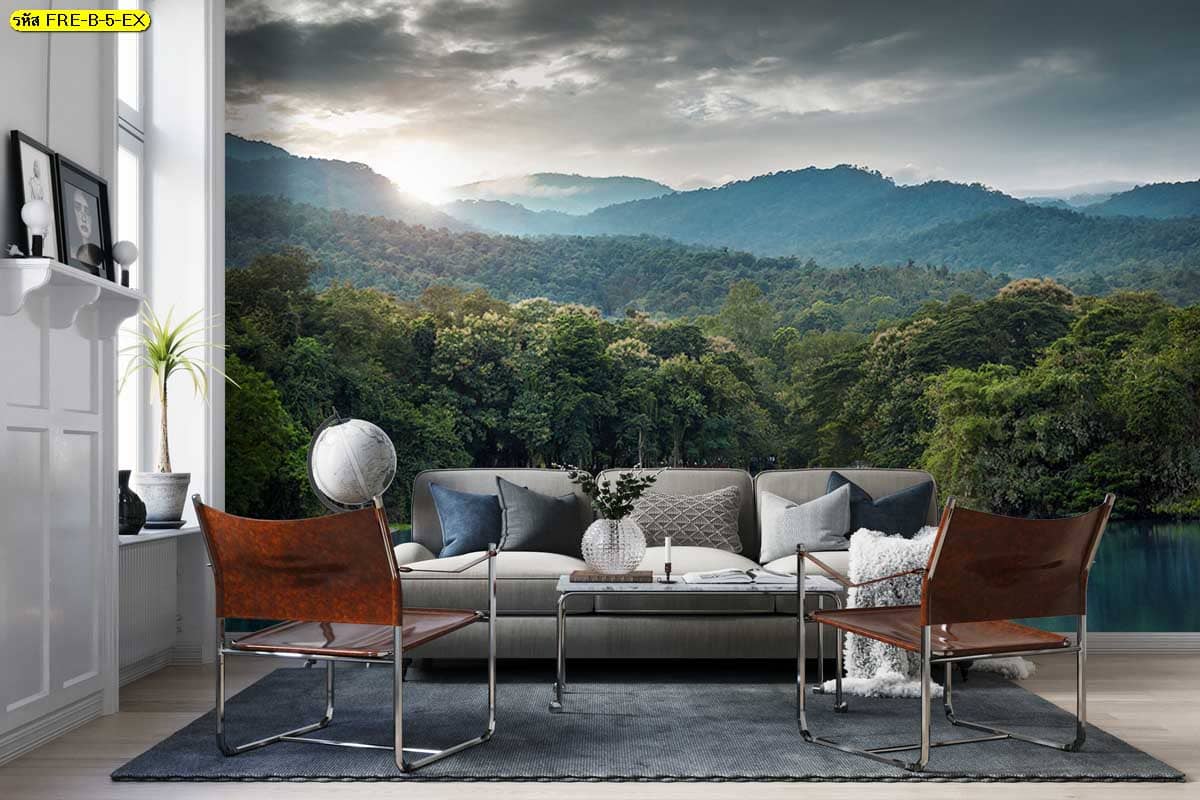 วอลเปเปอร์ภูเขาและป่าโทนหมอก เพิ่มความลึกให้ผนังห้อง ดูนุ่มนวลและผ่อนคลายมากขึ้น