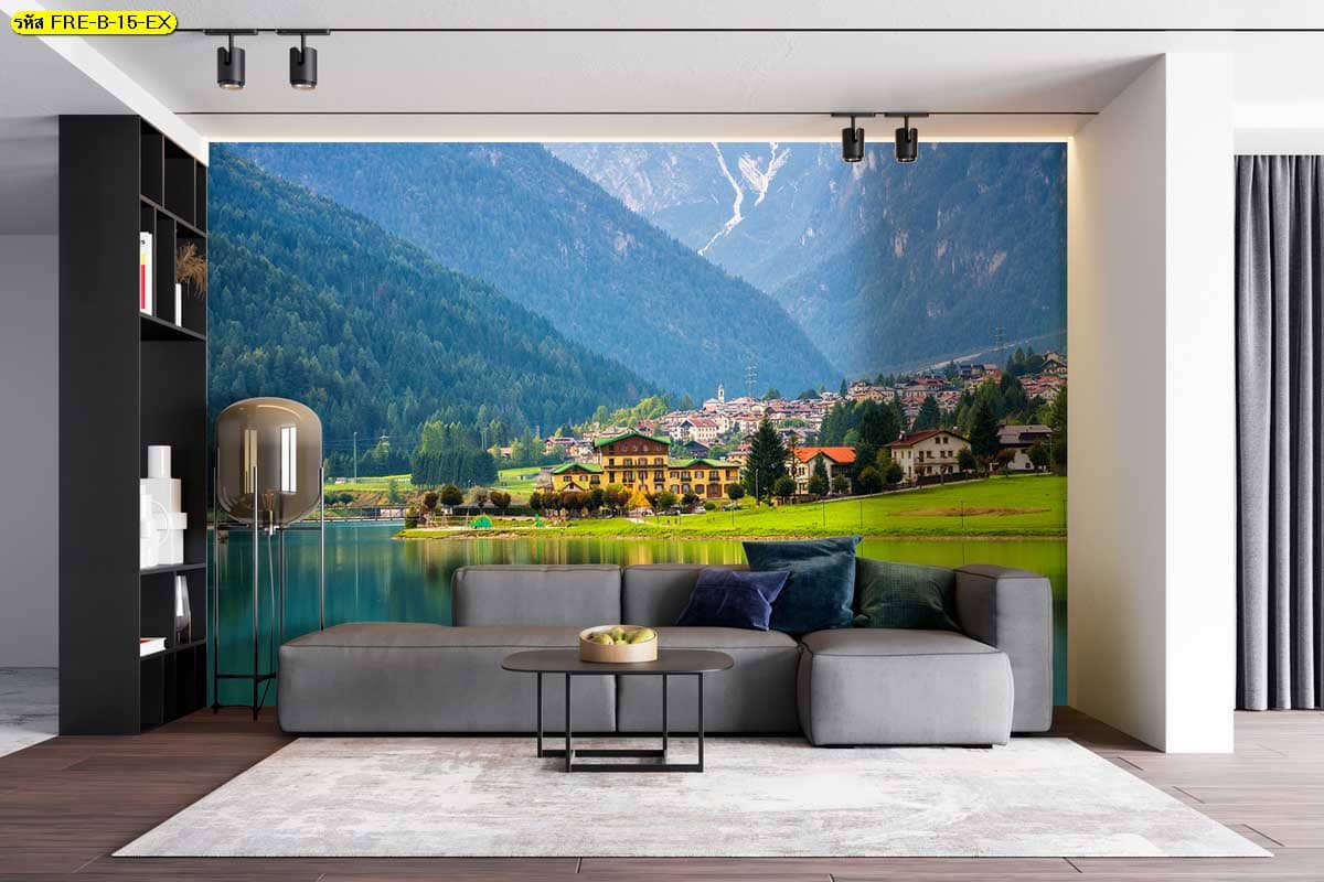 วอลเปเปอร์วิวทะเลสาบเมืองภูเขา เพิ่มมิติผนังห้องให้ดูกว้างและมีบรรยากาศผ่อนคลาย