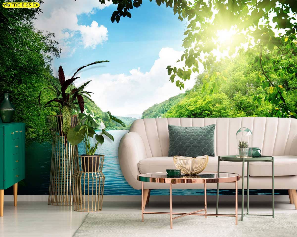 วอลเปเปอร์วิวแม่น้ำและภูเขา เพิ่มความสดชื่นให้ผนังห้องนั่งเล่น ดูโปร่งและสบายตา