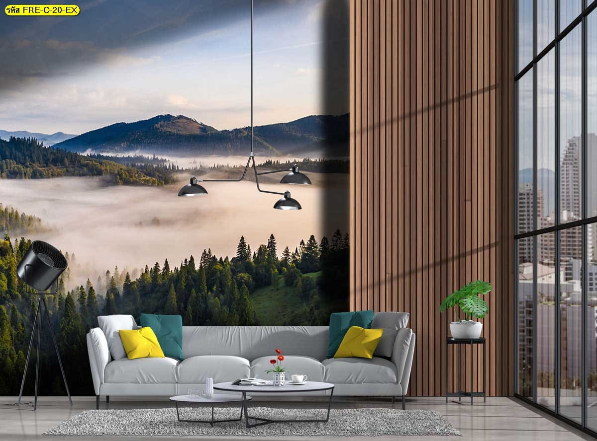 วอลเปเปอร์สั่งพิมพ์ภาพป่าสนในม่านหมอก ภาพสั่งพิมพ์ติดผนังรูปแต่งห้องที่มอบความสงบและมีมิติ