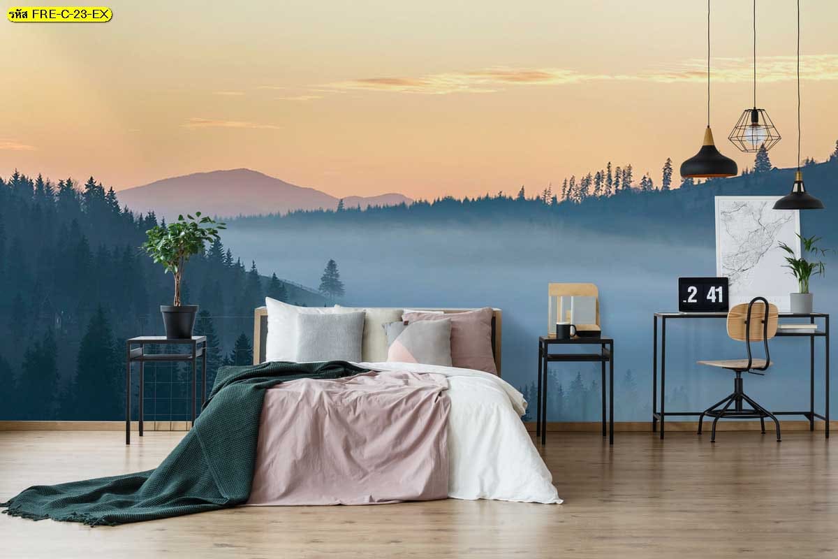 ภาพแต่งห้องป่าสนใต้แสงอรุณ วอลเปเปอร์สั่งพิมพ์ภาพสั่งพิมพ์ที่มอบความอบอุ่นรูปติดผนังแต่งห้อง