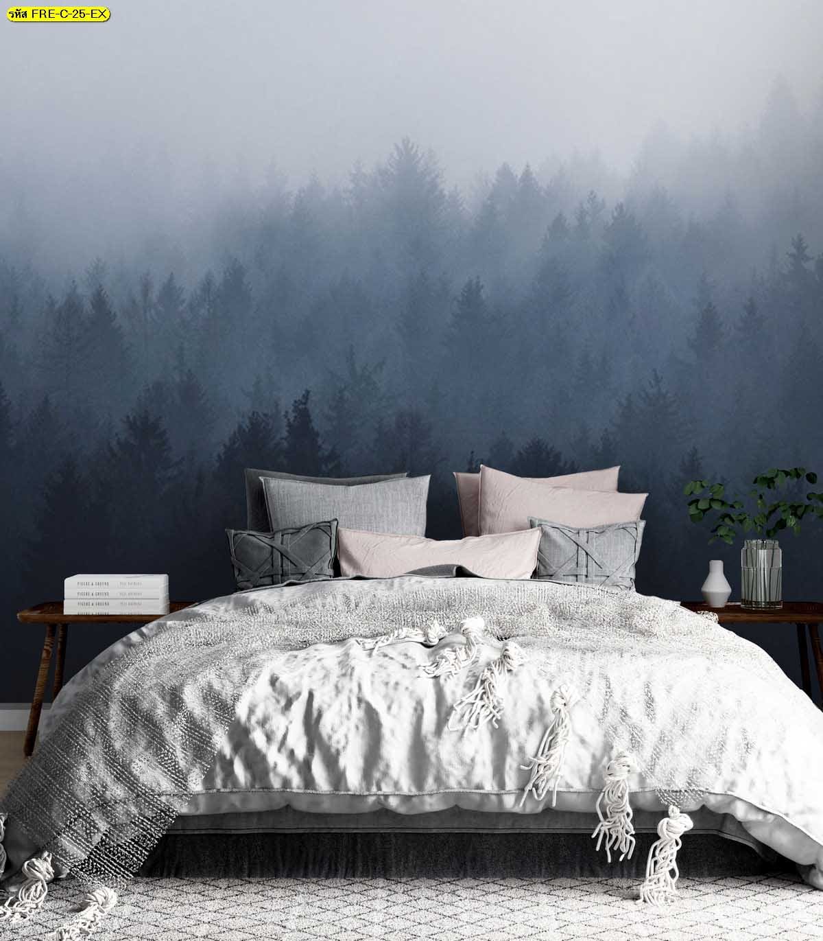 วอลเปเปอร์สั่งพิมพ์ลายป่าสนในม่านหมอกสีน้ำเงิน ภาพติดผนังสื่อความลุ่มลึกสงบในรูปแต่งห้องภาพสั่งพิมพ์