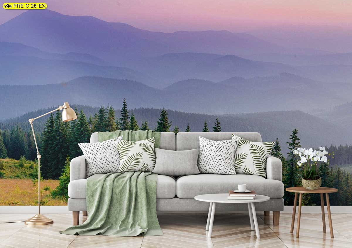 วอลเปเปอร์ติดผนังภาพสั่งพิมพ์วิวภูเขาสีม่วงพาสเทล ศิลปะภาพแต่งห้องรูปติดผนังที่ดูอ่อนหวานผ่อนคลาย
