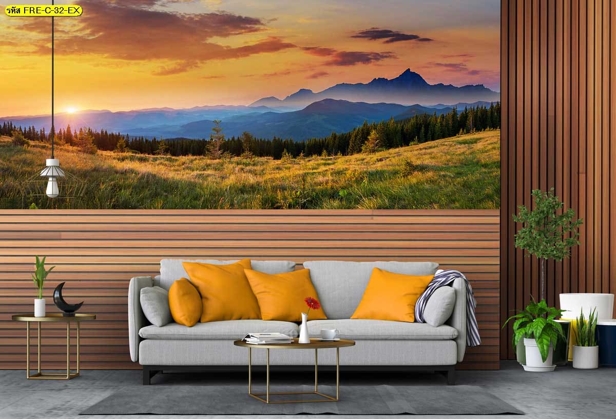 วอลเปเปอร์ติดผนังภาพสั่งพิมพ์วิวทุ่งหญ้ารับแสงทอง ศิลปะรูปแต่งห้องที่สื่อถึงความอบอุ่นในบ้าน