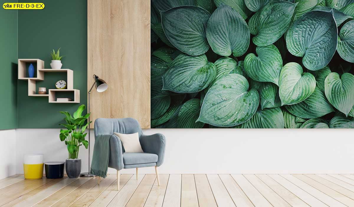 วอลเปเปอร์สั่งพิมพ์ลายใบไม้มีหยดน้ำ สื่อความชุ่มฉ่ำในรูปแต่งห้อง