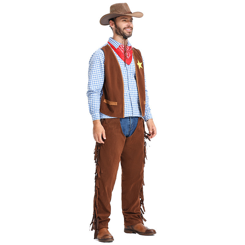 ++พร้อมส่ง++ชุดคาวบอยผู้ชาย ชุดนายอำเภอคาวบอย ชุดแฟนซีคันทรี Western Cowboy Costume ชายหล่อเท่ พร้อมหมวก ผ้าพันคอ เสื้อกั๊ก กางเกงหนังพู่ ชุดคอสเพลย์อเมริกันย้อนยุค งานปาร์ตี้ Halloween Rodeo Cowboy Cosplay Outfit ผู้ใหญ่ชายแนวคันทรีแดนตะวันตก