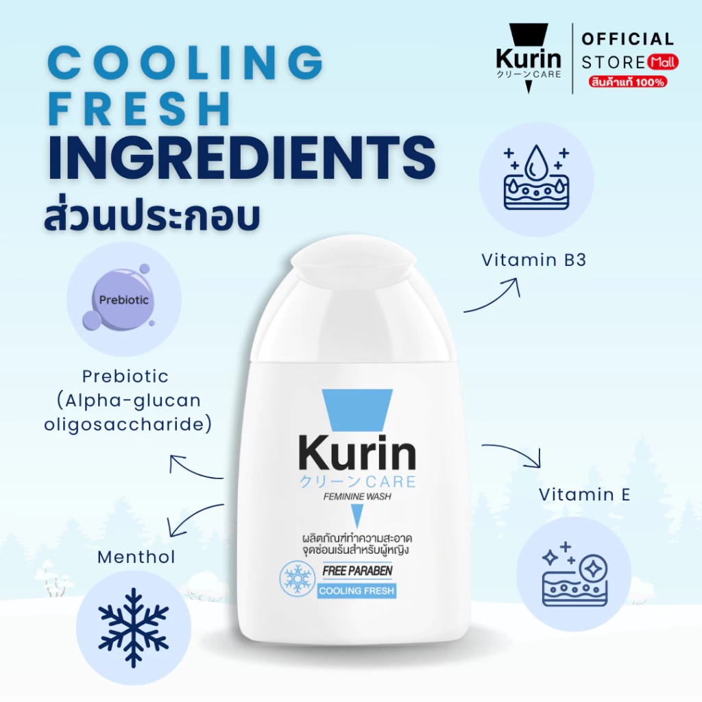 Kurin Care Feminine Wash Cooling fresh 100 ml เจลทำความสะอาดจุดซ่อนเร้นสำหรับผู้หญิง สูตรเย็น