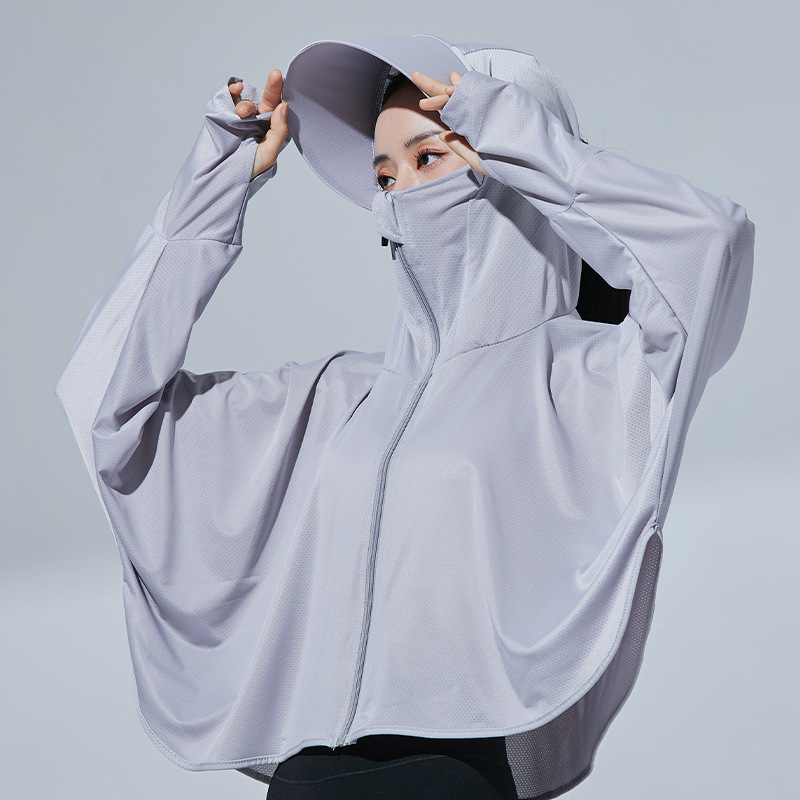7U006 เสื้อคลุมกันแดดผ้าเย็น ปีกกว้าง พร้อมหมวกและหน้ากากในตัว รุ่นระบายลมหลังคอ ไม่โป่งลม