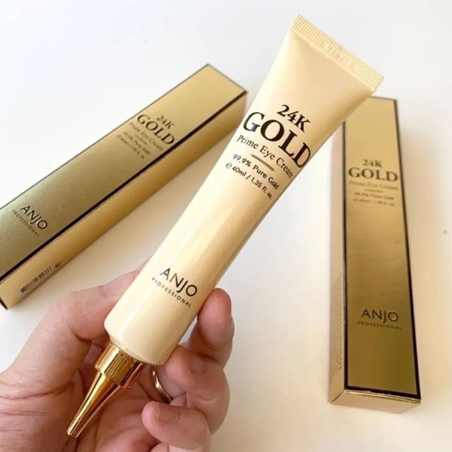 Anjo 24KGold Prime Eye Cream 40 ml. ครีมลดถุงใต้ตา และรอยคล้ำสูตรเข้มข้นจากเกาหลี ผสมทองคำบริสุทธิ์ ทองคำ 24k จาก ANJO ประกอบด้วยทองคำบริสุทธิ์ล้ำค่า