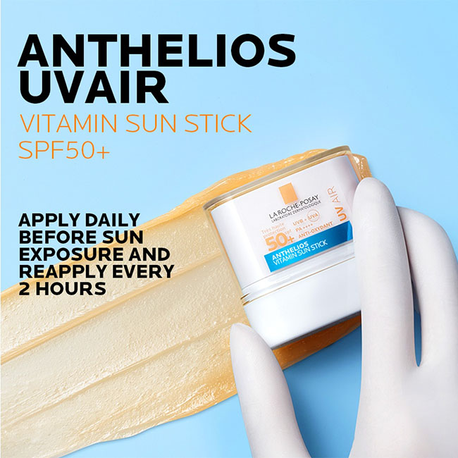 La Roche-Posay Anthelios UV Air Vitamin Sun Stick SPF50+ 10ml. กันแดดแบบแท่งที่ปกป้องรังสี UVA และ UVB สูงสุด ผสาน Vitamin E และ Astaxanthin เนื้อบางเบา กันน้ำ กันเหงื่อ ไม่ทิ้งคราบขาว และสามารถทาทับเมกอัพระหว่างวันได้