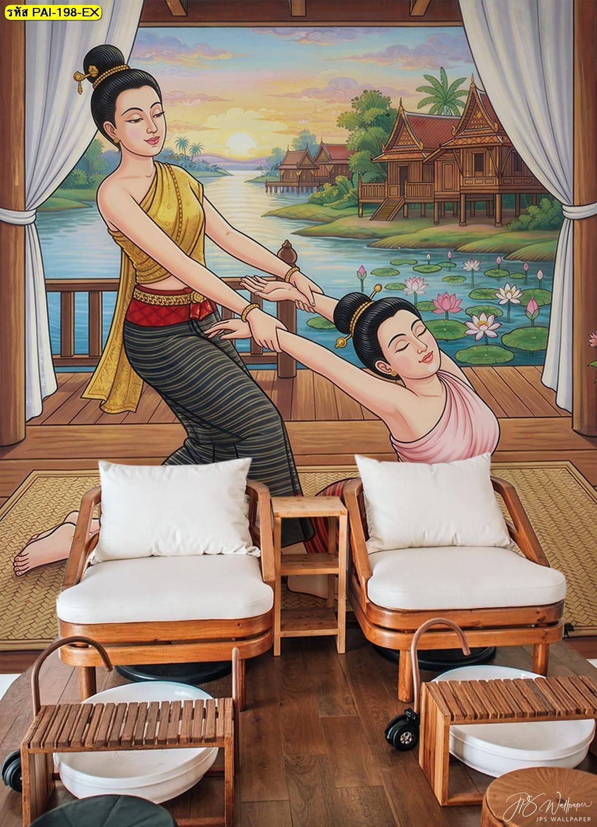วอลเปเปอร์ลายนวดไทยดัดตน ศิลปะที่สื่อถึงความเบาสบายและผ่อนคลาย เข้ากับธีมการแต่งห้องนวดสปาเท้า