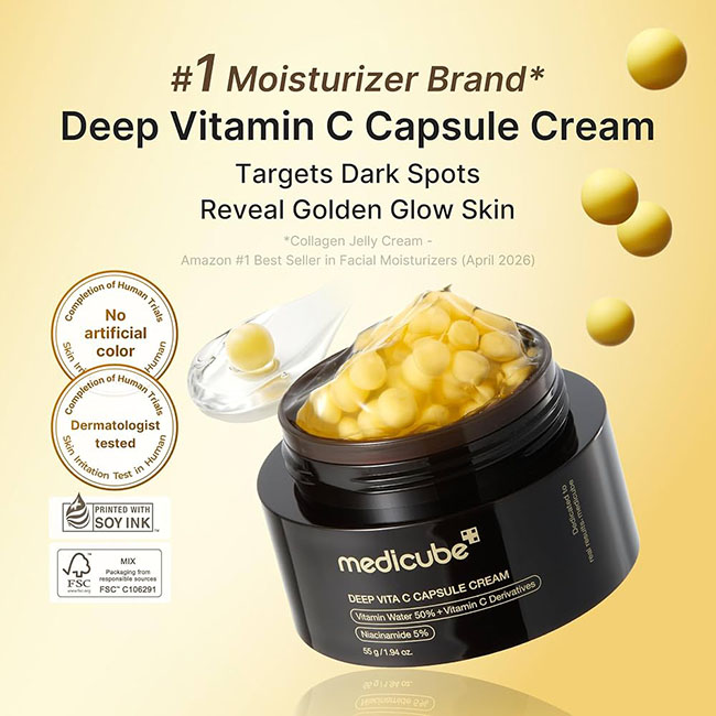 Medicube Deep Vita C Capsule Cream 55 g มอยส์เจอไรเซอร์เนื้อเจลที่ผสานแคปซูลวิตามินซีบริสุทธิ์เข้มข้น ช่วยลดเลือนจุดด่างดำ ปรับสีผิวให้กระจ่างใส และคืนความชุ่มชื้นโดยไม่ทำให้เหนียวเหนอะหนะ