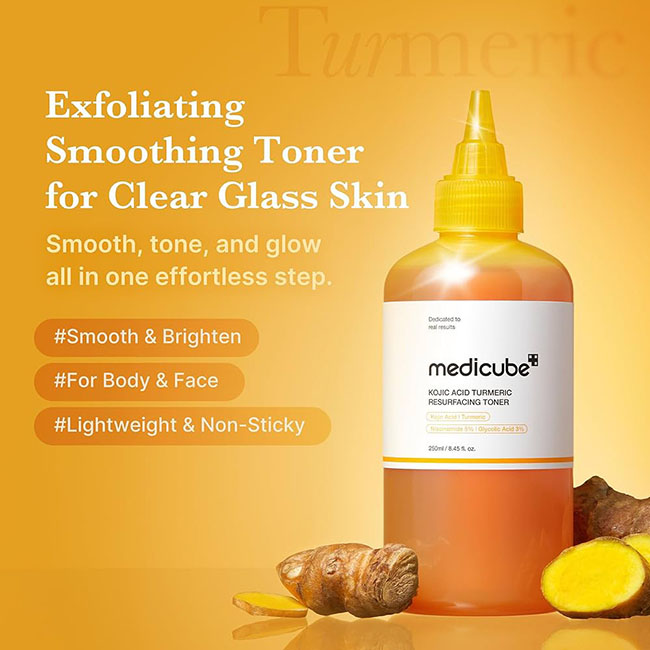 Medicube Kojic Acid Turmeric Resurfacing Toner250 ml. โทนเนอร์ไวรัลจากเกาหลีที่กำลังมาแรงมากจบปัญหาผิวหมอง รอยดำสะสม หน้าไม่ใส ตัวนี้ช่วยผลัดเซลล์ผิวอย่างอ่อนโยน + ปรับผิวให้สว่างขึ้น ใช้แล้วผิวดูเนียนใสขึ้นจริง ใช้ได้ทั้งตัว ตามจุดที่มีปัญหาจุดด่างดำ หยา
