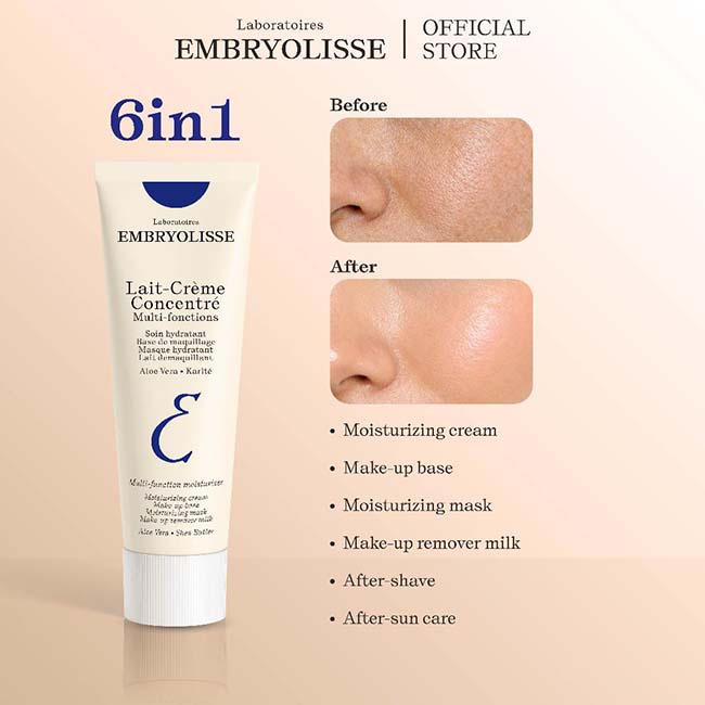 Embryolisse Lait-Creme Concentre Multi-Function Nourishing Moisturizer 75ml. ครีมบำรุงผิวหน้าและผิวกายจากฝรั่งเศส มีส่วนผสมที่ช่วยดูแลปัญหาผิวได้ในขั้นตอนเดียว ด้วยคุณสมบัติ 6in1 คือ สามารถใช้เป็นมอยเจอร์ไรเซอร์, เมคอัพเบส, เช็ดเครื่องสำอาง, มาสก์ให้ความช