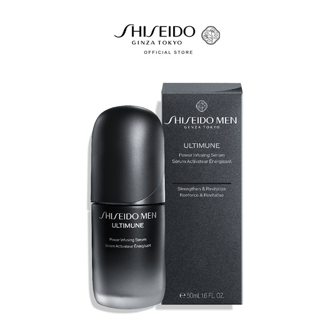 Shiseido Men Ultimune Power Infusing Serum 50 ml. เซรั่มบำรุงผิวหน้าสูตรเข้มข้น สูตรใหม่สำหรับผู้ชายโดยเฉพาะ สริมสร้างความแข็งแรงให้ผิวอย่างเห็นได้ชัด ต่อสู้กับความหย่อนคล้อย และคงความกระจ่างใส ช่วยเพิ่มความยืดหยุ่นด้วยเปปไทด์ AA+ พร้อมมอบความชุ่มชื้นล้ำล