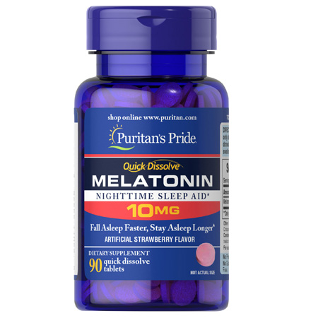 Puritan's Pride Quick Dissolve Melatonin 10 mg Strawberry Flavor 90 Tablets พูริแทนไพร์ม ผลิตภัณฑ์เสริมอาหารเมลาโทนิน 10 mg. นำเข้าจากอเมริกาแบบเม็ดอมรสสตรอเบอร์รี่ ละลายเร็วเพียงอมให้ละลายในปาก ไม่จำเป็นต้องดื่มน้ำตามสำหรับผู้ที่นอนหลับยาก เคยทานเมล