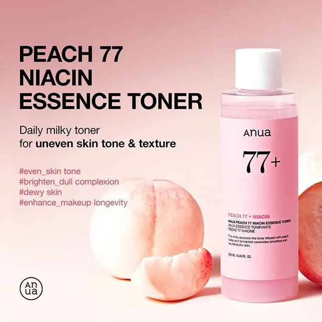ANUA Peach 77 Niacin Essence Toner 250ml. โทนเนอร์พีช น้ำตบเพื่อผิวกระจ่างใสอิ่มฟู เรียบเนียน ชุ่มชื้น เมคอัพติดทนช่วยในการผลัดเซลล์ผิวเสื่อมสภาพ เพิ่มความชุ่มชื้น เหมาะสำหรับผิวแห้งและผิวมีรอยแดง ด้วยสารสกัดจากพีช เสริมเกราะป้องกันผิว ผลัดเซลล์ผิวที่เสื่