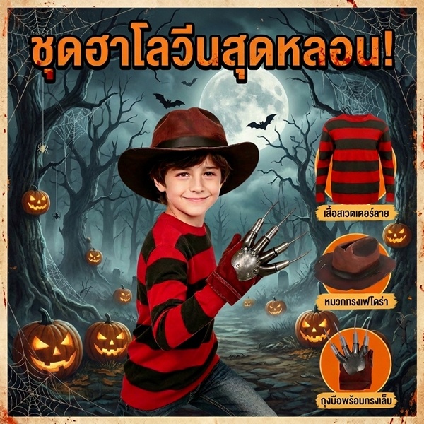 7C91 ชุดแฟนซี นิ้วเขมือบ ฝันร้ายฮาโลวีน ชุดสยองขวัญย้อนยุค ศุกร์13ฝันหวาน Halloween Nightmare Retro Horror Costume
