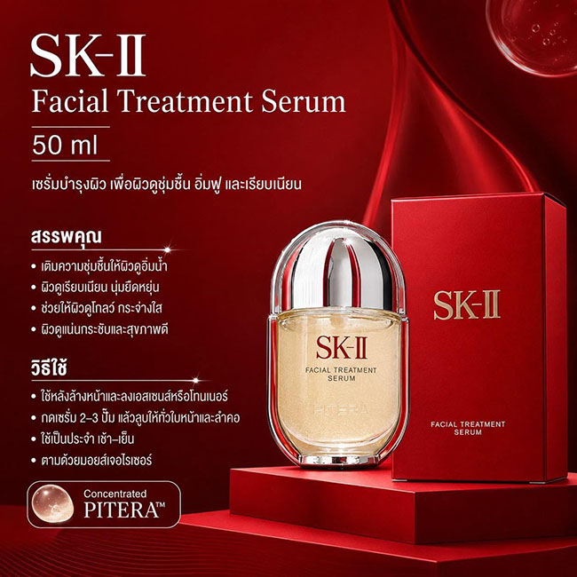 SK-II Facial Treatment Serum 50ml. เซรั่มสูตรแรกของแบรนด์ในไลน์ Heritage ที่พัฒนาขึ้นเพื่อดูแลผิวให้ดูอ่อนเยาว์ครบ 3 มิติ ทั้งดูอิ่มฟู ดูกระชับ และเปล่งประกาย