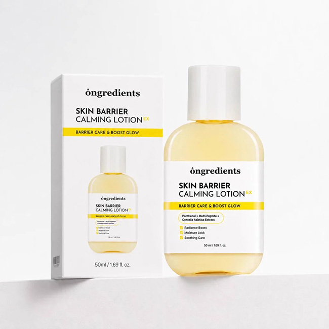 Ongredients Skin Barrier Calming Lotion 50 ml. มอยส์เจอร์ไรเซอร์เนื้อสีเหลืองเป็นโลชั่นบำรุงผิวสัญชาติเกาหลีที่โด่งดังมากในฐานะสกินแคร์เตรียมผิวก่อนแต่งหน้า ช่วยปลอบประโลมผิวอย่างล้ำลึก ล็อกความชุ่มชื้นยาวนาน และให้งานผิวฉ่ำวาวอิ่มฟูโดยไม่ทิ้งความเหนียวเ