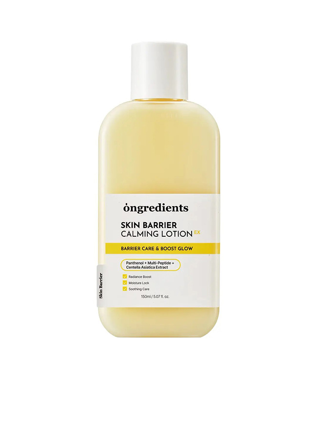 Ongredients Skin Barrier Calming Lotion 150 ml. มอยส์เจอร์ไรเซอร์เนื้อสีเหลืองเป็นโลชั่นบำรุงผิวสัญชาติเกาหลีที่โด่งดังมากในฐานะสกินแคร์เตรียมผิวก่อนแต่งหน้า ช่วยปลอบประโลมผิวอย่างล้ำลึก ล็อกความชุ่มชื้นยาวนาน และให้งานผิวฉ่ำวาวอิ่มฟูโดยไม่ทิ้งความเหนียวเ