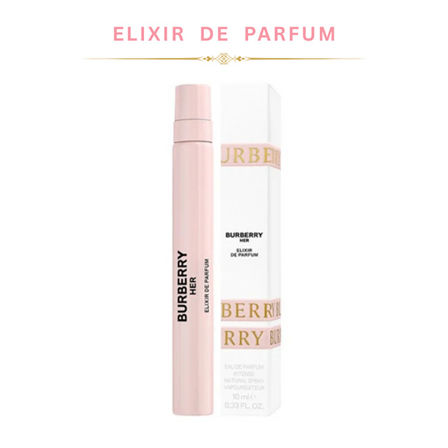 BURBERRY Her Elixir Eau de Parfum Intense Natural Spray ขนาดทดลอง 10 ml. หัวสเปร์ย น้ำหอมสำหรับผู้หญิง มีความโดดเด่นด้วยเอกลักษณ์เฉพาะตัวจากการใช้หัวน้ำหอมแนวกลิ่นขนมหวาน ที่มอบความฉ่ำชื่นกลมกล่อมแบบผลไม้กลิ่นเบอร์รี่สีแดงเข้มกับมะลิปิดท้ายด้วยวานิลลาและอ