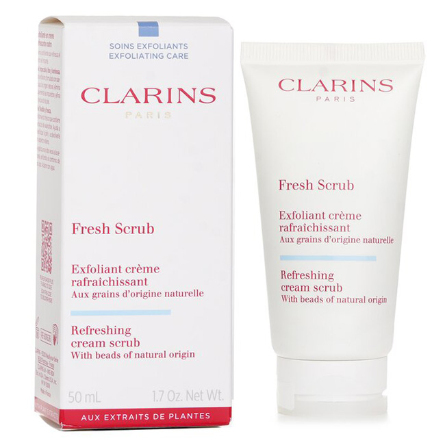 CLARINS Fresh Scrub Refreshing Cream Scrub 50 ml สครับเนื้อครีมสีฟ้า เหมาะสำหรับผิวที่ขาดน้ำ ช่วยขจัดเซลล์ผิวที่เสื่อมสภาพและเซลล์ผิวที่ตายแล้ว เติมความสดชื่นให้ผิว แบบอิ่มๆ มาพร้อมเม็ดบีดส์เซลลูโลสธรรมชาติที่ทำจากไม้สองขนาด บีดส์ขนาดใหญ่จะทำหน้าที่ขัดผิว