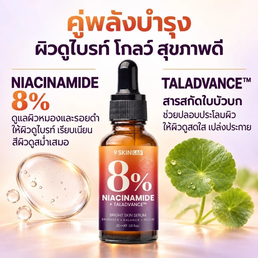9 Skin Lab Niacinamide 8% เซรั่มวิตามินบี 3 ผิวกระจ่างใส เรียบเนียน ดูแลความมันและรอยดำ ( 1 ขวด )