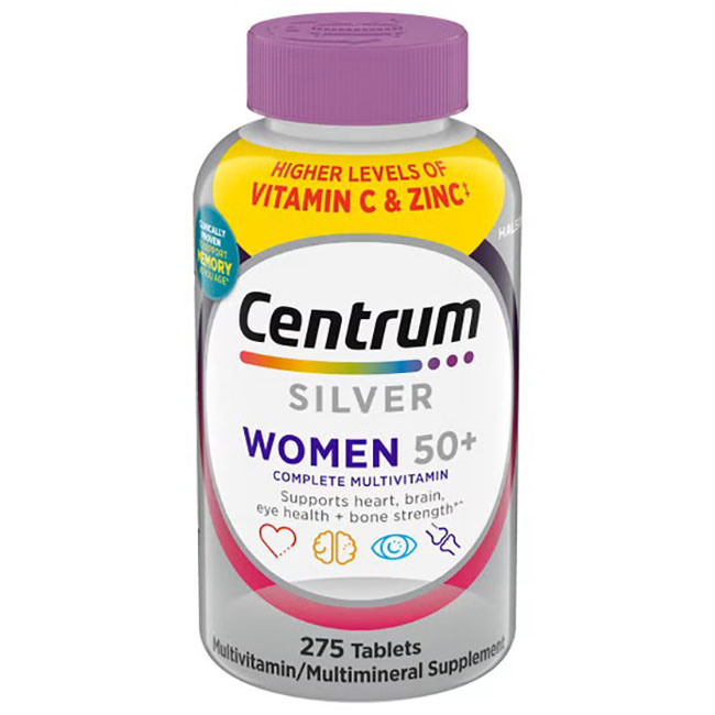 Centrum Silver Women 50+ Complete Multivitamin 275 Tablets วิตามินและแร่ธาตุรวมนำเข้าจากสหรัฐอเมริกา ที่ออกแบบมาเป็นสูตรเฉพาะสำหรับผู้หญิงอายุ 50 ปีขึ้นไป เป็นmultivitamin ได้รับสารอาหารครบถ้วนในเม็ดเดียวมีสารอาหารที่มากกว่าที่ผู้หญิงต้องการทั่วไป ช่วยปรั