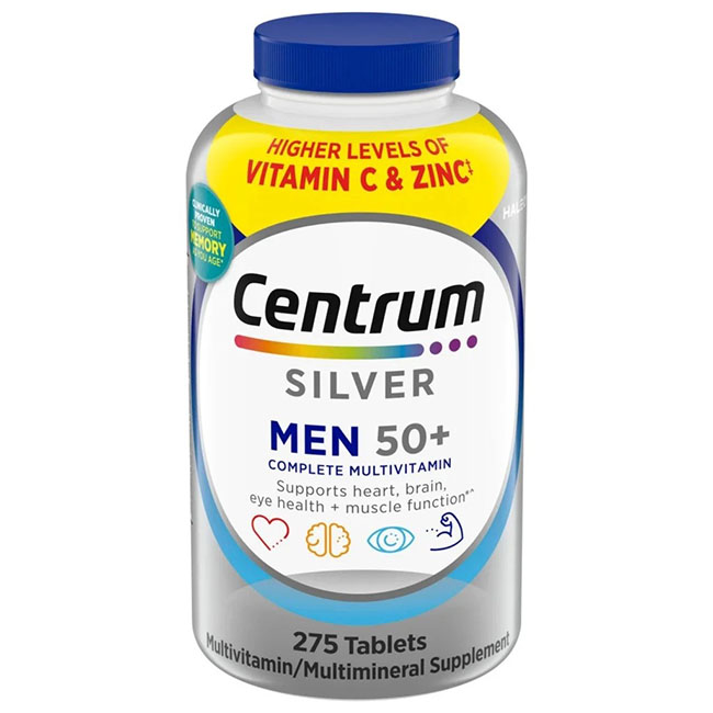 Centrum Silver Men 50+ Complete Multivitamin 275 Tablets วิตามินและแร่ธาตุรวมนำเข้าจากสหรัฐอเมริกา ที่ออกแบบมาเป็นสูตรเฉพาะสำหรับผู้ชายที่อายุ 50 ปีขึ้นไป เป็นmultivitamin ได้รับสารอาหารครบถ้วนในเม็ดเดียวประกอบด้วยวิตามินรวม และเกลือแร่รวมที่จำเป็นต่อร่าง