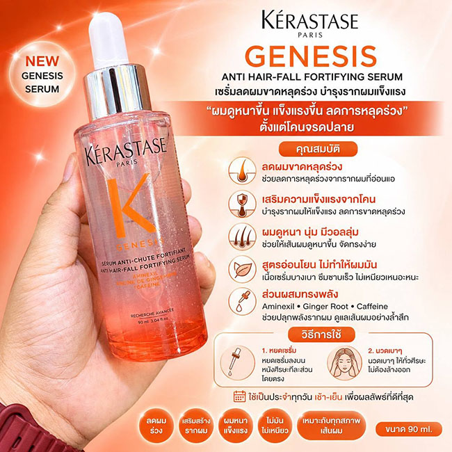 Kerastase Genesis Anti Hair-Fall Fortifying Serum 90 ml เซรั่มบำรุงหนังศีรษะสูตรเข้มข้น ที่ช่วยลดปัญหาผมขาดหลุดร่วงและเสริมความแข็งแรงให้รากผม เนื้อเจลใส ซึมไว ไม่เหนียวเหนอะหนะ พร้อมกลิ่นหอมสดชื่น