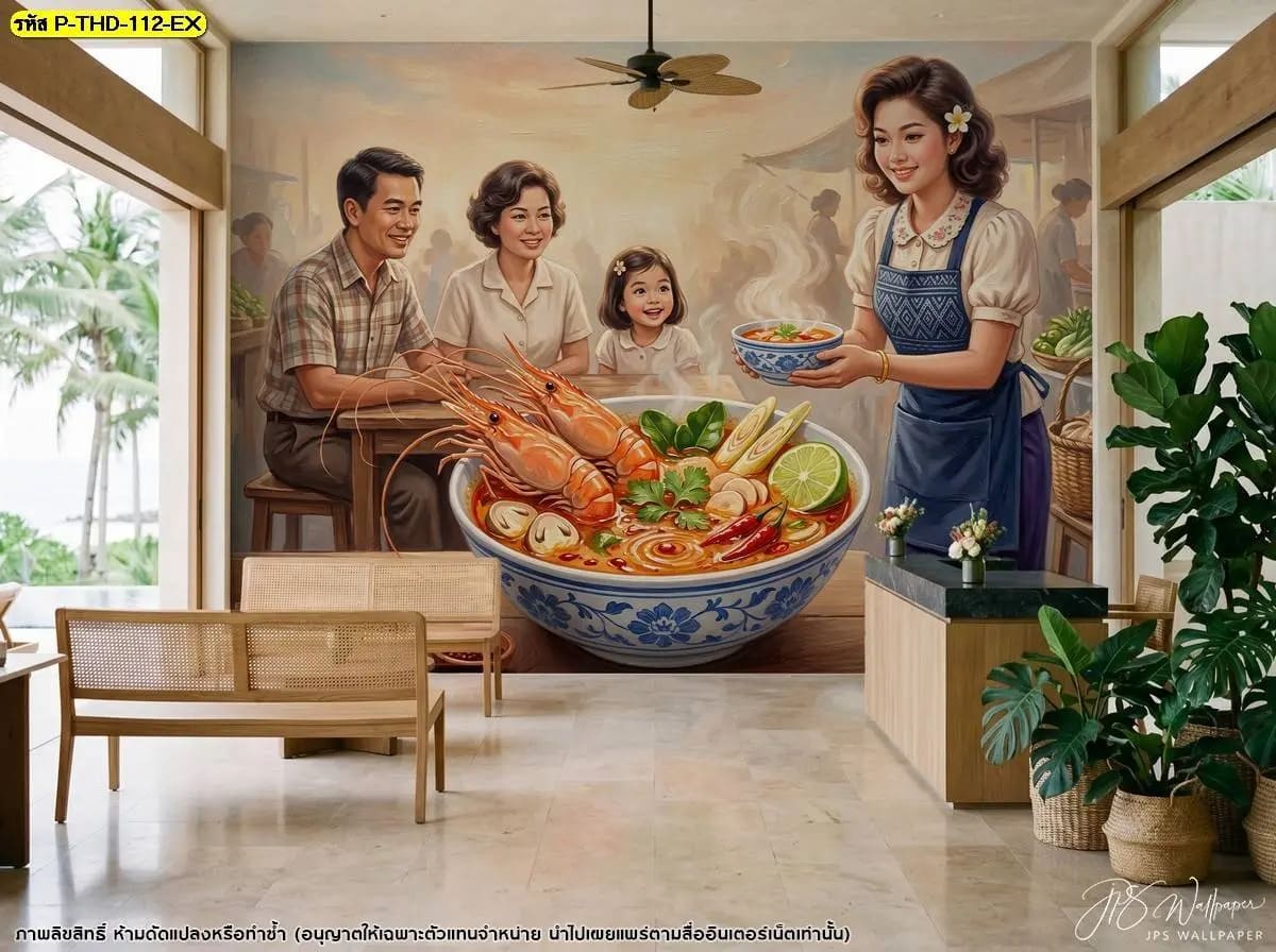 ภาพติดผนังศิลปะอาหารไทย ถ่ายทอดความอบอุ่นของครอบครัวและการต้อนรับผ่านภาพต้มยำกุ้ง เหมาะกับร้านอาหารและพื้นที่รับรอง