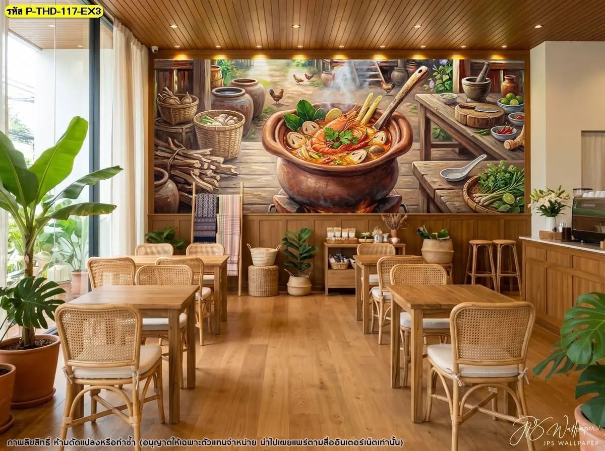 วอลเปเปอร์ลายต้มยำกุ้งกับวิถีครัวไทย เพิ่มเสน่ห์ให้ร้านอาหารด้วยภาพศิลปะอาหารพื้นบ้านและงานไม้ธรรมชาติ
