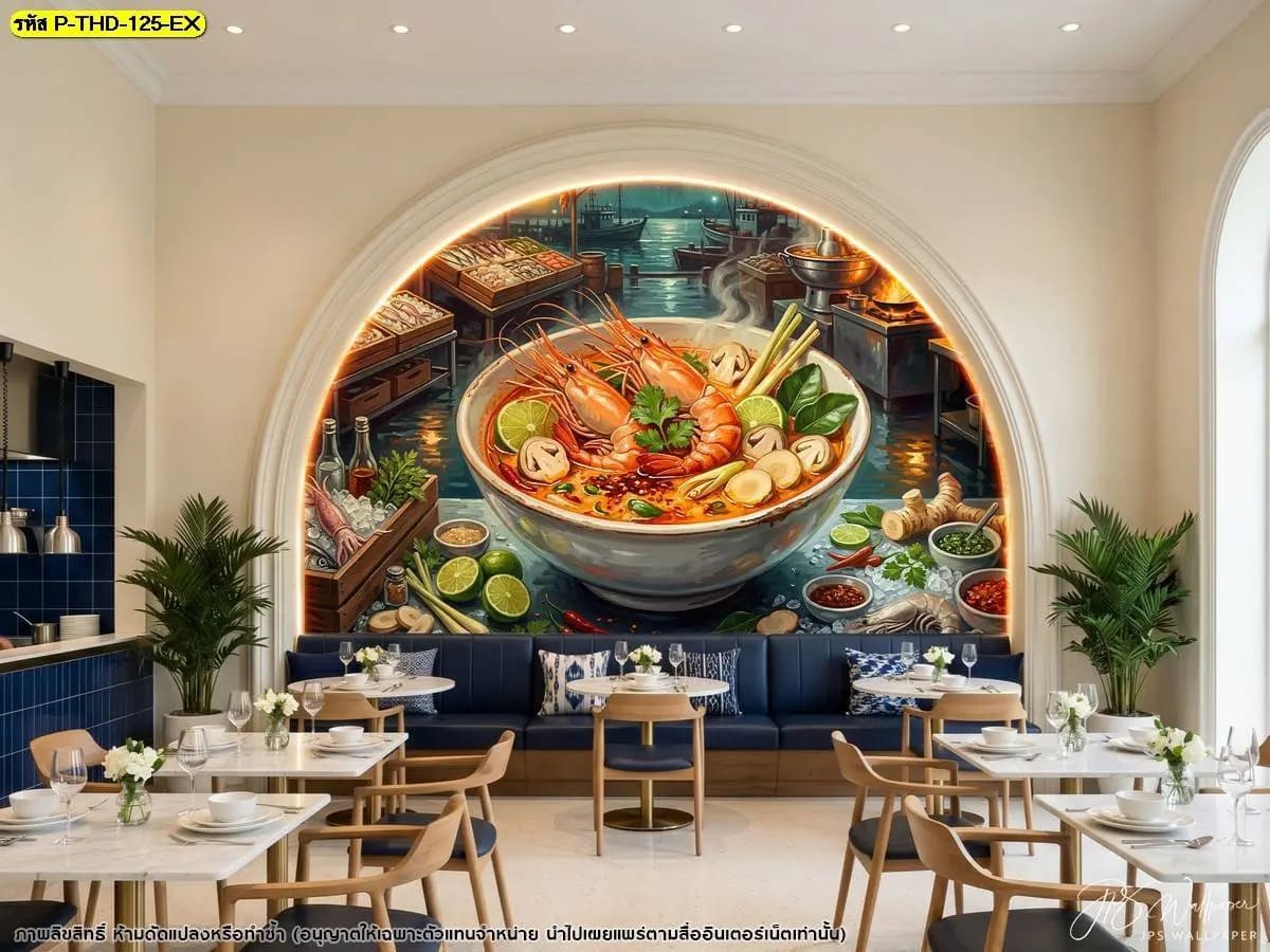 ภาพพิมพ์วอลเปเปอร์ลายต้มยำกุ้งในซุ้มโค้ง สร้างจุดเด่นให้ร้านอาหารด้วยศิลปะอาหารไทยและโทนตกแต่งหรูอบอุ่น